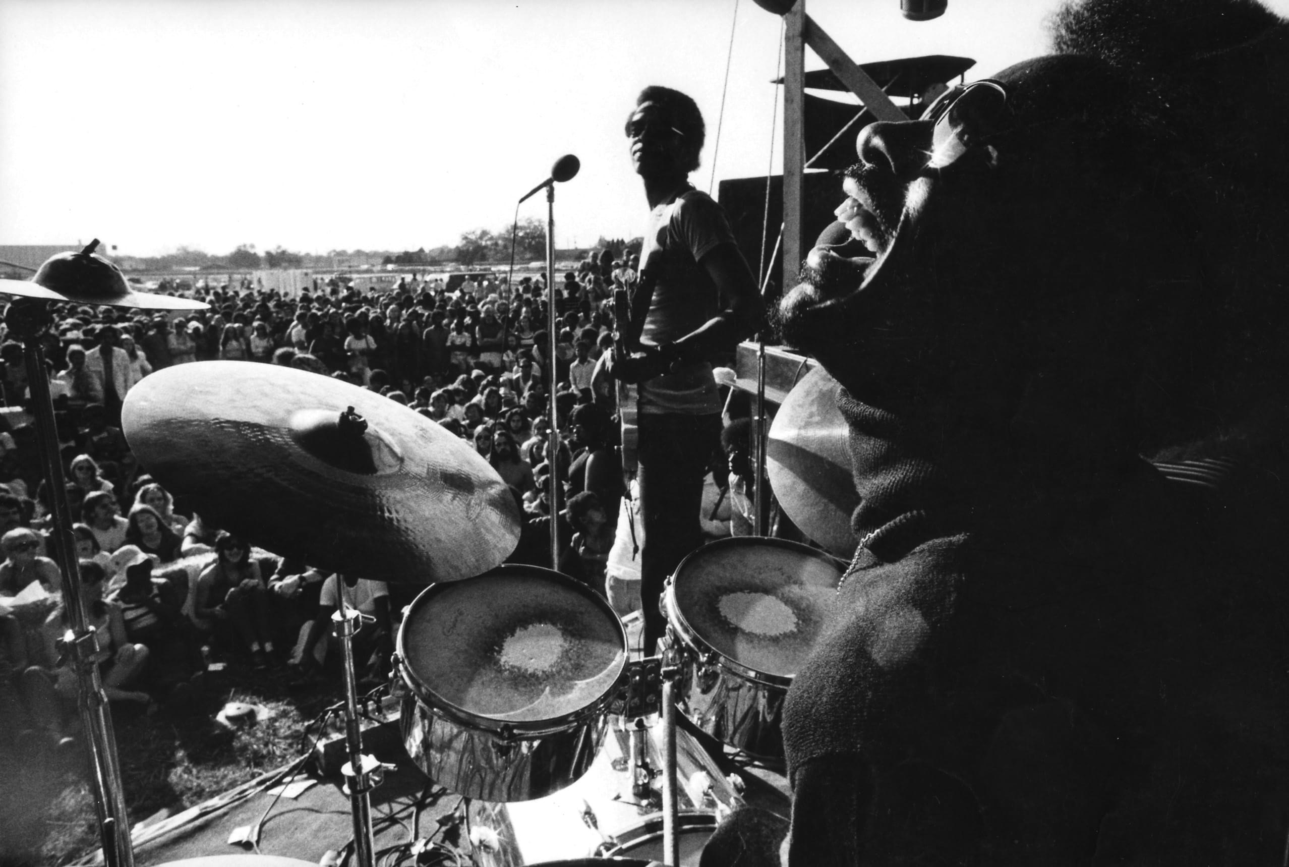Stevie Wonder sitting in on drums with the Meters at the New Orleans Jazz Festival, 1973. %Michael P. Smith%